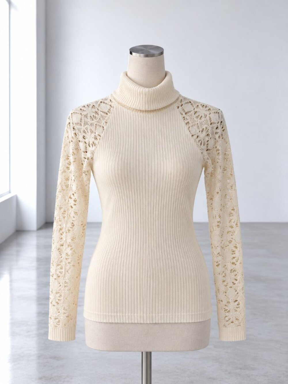 Free People Ivory Lace Sleeve Ribbed Turtleneck Top